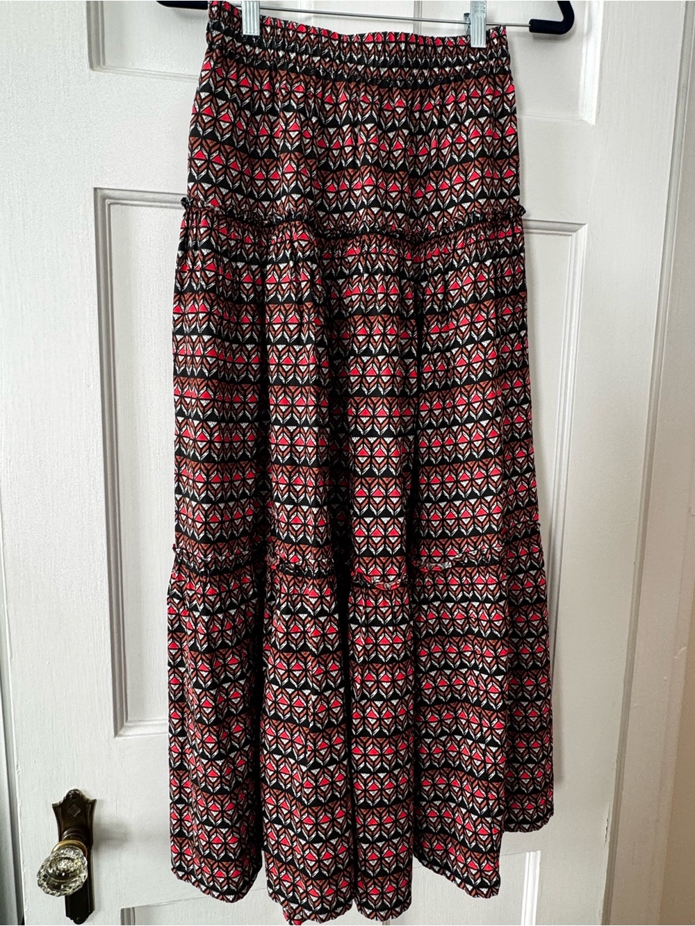 Tiered Maxi Skirt in Black and Red Geo Print by